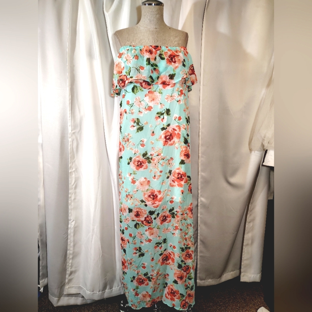 J Mode USA SundressTAG,Long, Off-Shoulder  Sleeves, Elastic Bust,Green/Pink,S-M